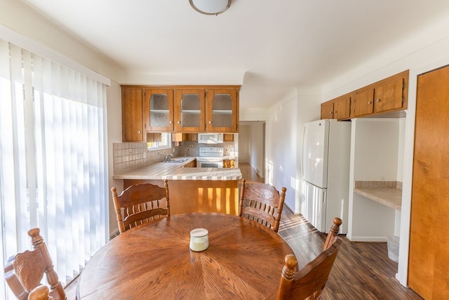 dining area with dark wood-style flooring and baseboards