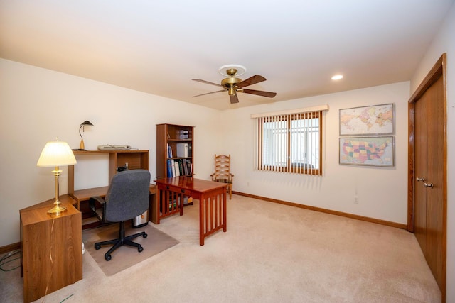 home office featuring carpet floors, recessed lighting, baseboards, and ceiling fan