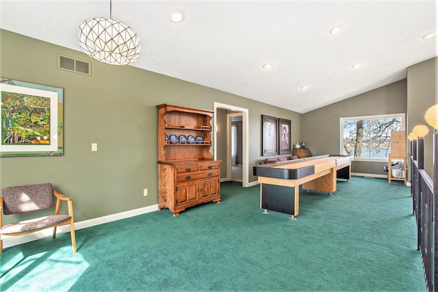 recreation room featuring carpet floors, recessed lighting, visible vents, and vaulted ceiling