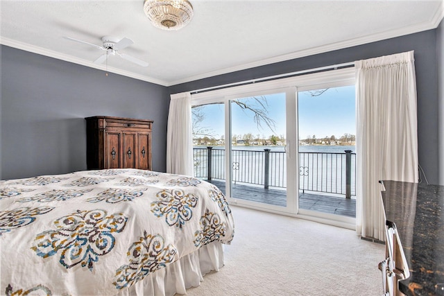 bedroom with access to outside, crown molding, a water view, and light colored carpet
