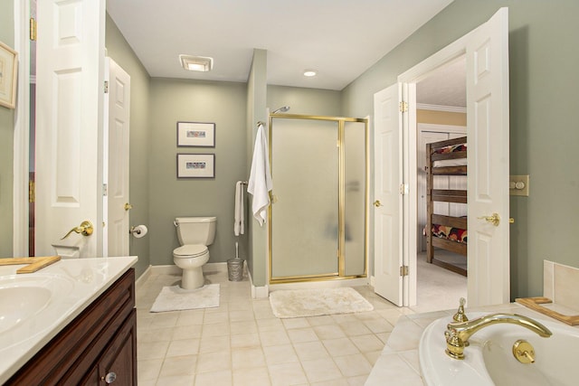 full bathroom with a washtub, a shower stall, vanity, tile patterned floors, and toilet