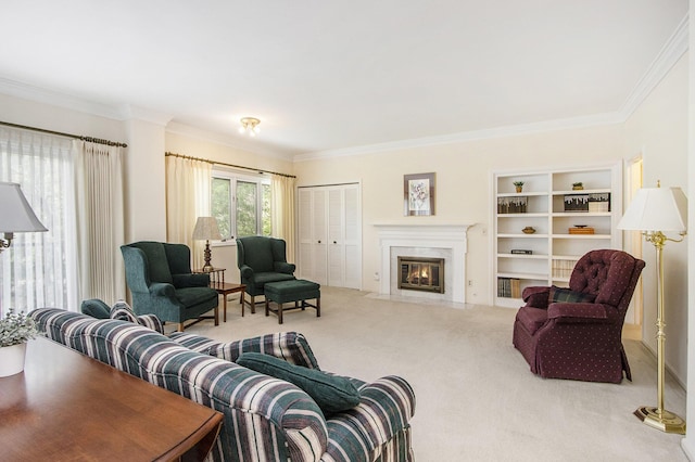 carpeted living room with crown molding, built in shelves, and a fireplace