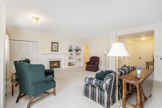 living area featuring light colored carpet, ornamental molding, built in features, and a high end fireplace