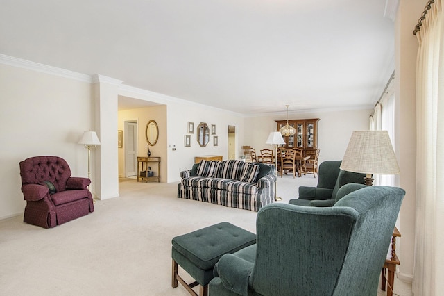 carpeted living room featuring ornamental molding