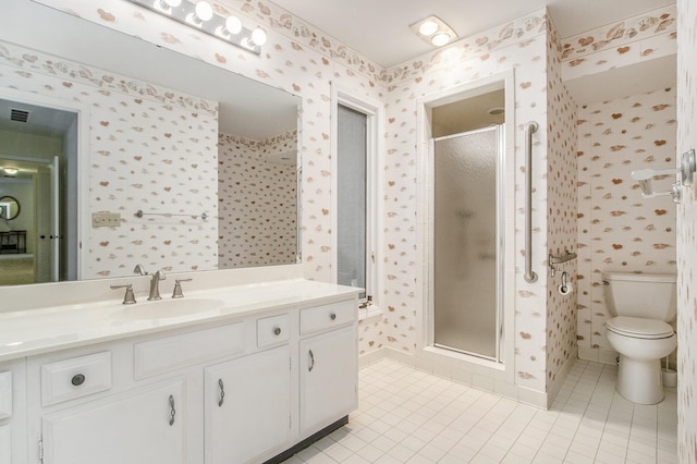 full bath featuring tile patterned flooring, a stall shower, wallpapered walls, and toilet