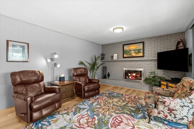 living room featuring wood finished floors and a fireplace