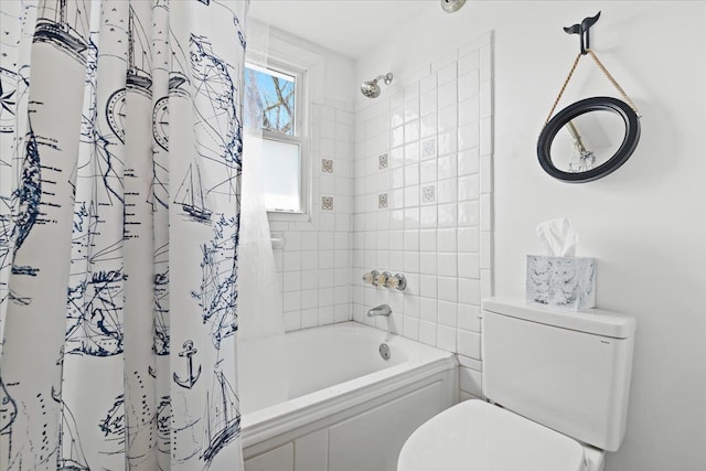 full bathroom featuring toilet and shower / bath combination with curtain