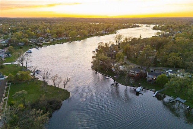 aerial view at dusk with a view of trees and a water view