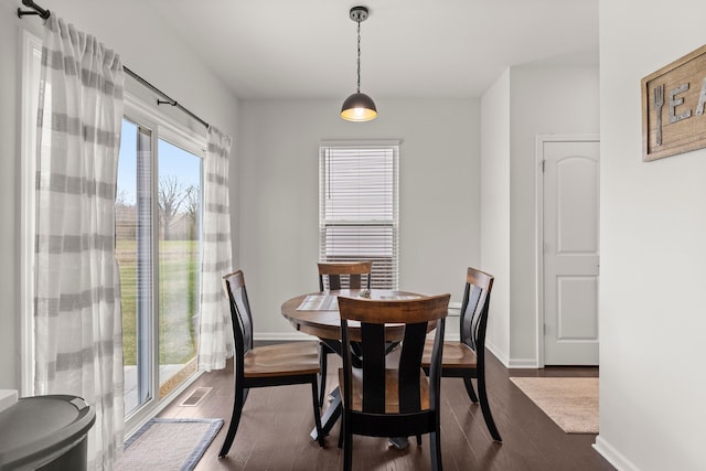 dining room featuring baseboards, dark wood finished floors, and visible vents