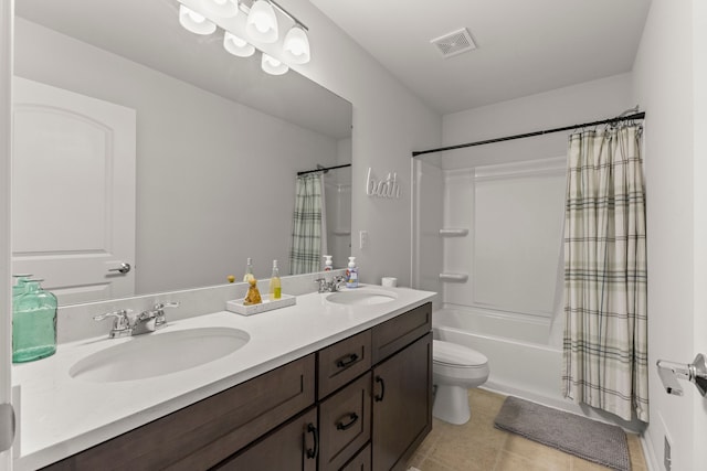 full bathroom with a sink, shower / bath combination with curtain, toilet, and visible vents