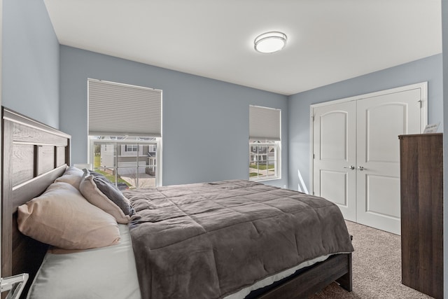 bedroom with multiple windows, carpet, and a closet