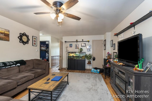 living room with ceiling fan and light wood-style flooring
