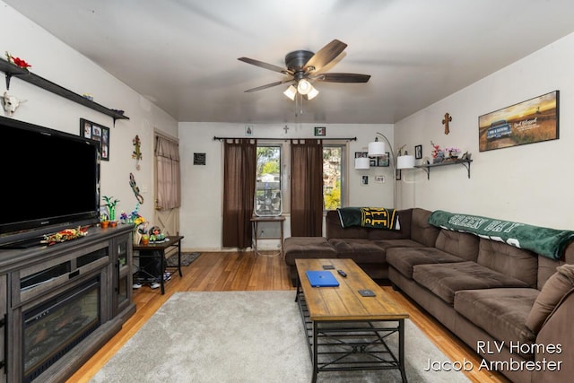 living area with a ceiling fan and light wood finished floors