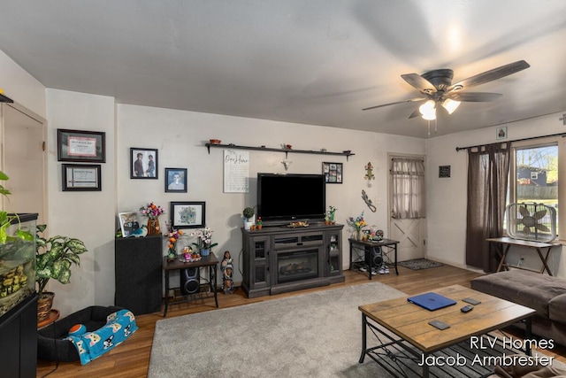 living area with ceiling fan and wood finished floors