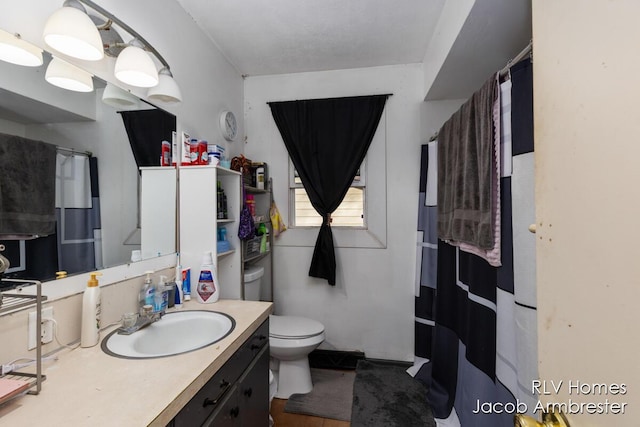 full bathroom featuring vanity, a shower with shower curtain, and toilet