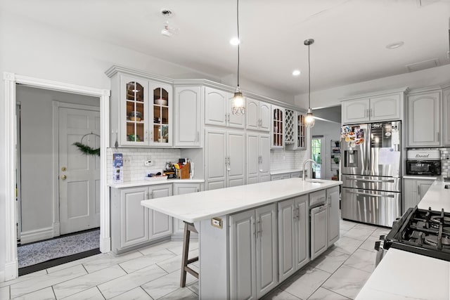 7891 Robindale Ave, Dearborn Heights, MI 48127 - kitchen with stainless steel refrigerator with ice dispenser, light marble finish flooring, a sink, gray cabinets, and light countertops