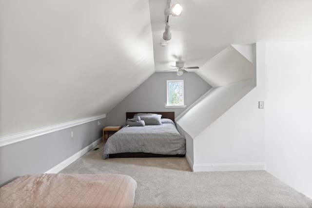 7891 Robindale Ave, Dearborn Heights, MI 48127 - bedroom with carpet flooring, vaulted ceiling, ceiling fan, and baseboards