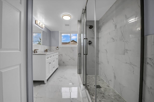 3690 Phillips Ave, Berkley, MI 48072 - full bathroom with visible vents, a marble finish shower, marble finish floor, and vanity
