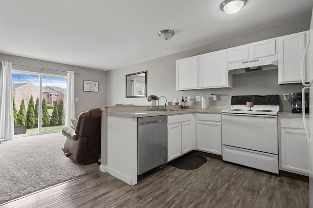 kitchen featuring electric range, a peninsula, under cabinet range hood, white cabinets, and dishwasher