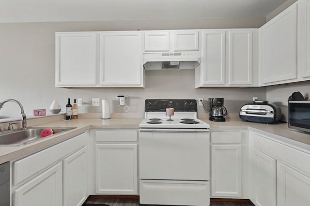 kitchen featuring a sink, white cabinetry, under cabinet range hood, and white range with electric cooktop