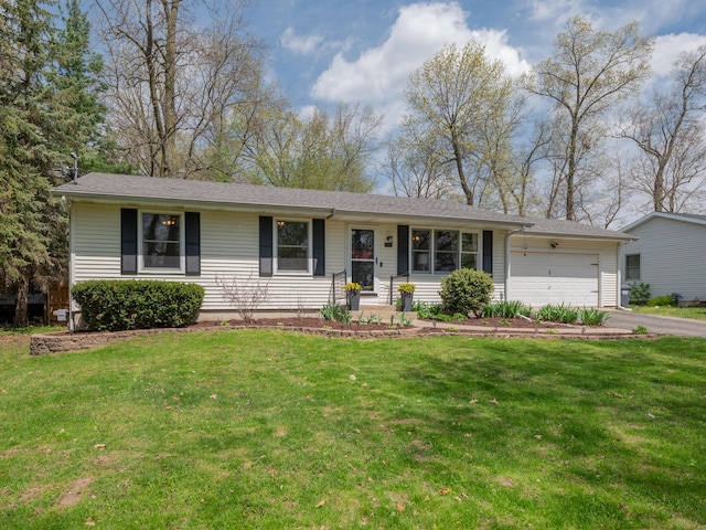 ranch-style house featuring driveway, a front lawn, and a garage