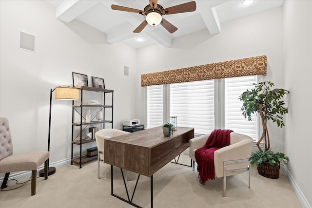 home office with ceiling fan, light carpet, baseboards, and beam ceiling