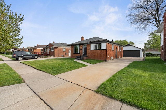 23130 Beverly St, Saint Clair Shores, MI 48082 - bungalow-style home featuring brick siding, a garage, a chimney, an outbuilding, and a front yard