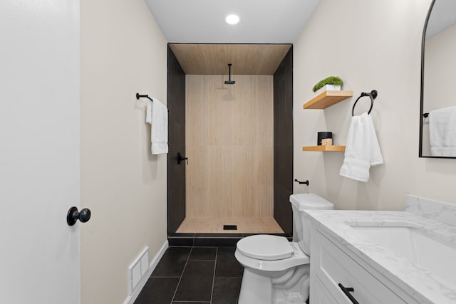 23130 Beverly St, Saint Clair Shores, MI 48082 - bathroom with tile patterned floors, vanity, tiled shower, toilet, and recessed lighting