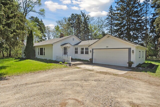 ranch-style house with dirt driveway, a chimney, an attached garage, and a front lawn