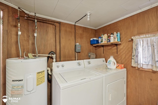 7309 N Genesee Rd, Genesee, MI 48437 - washroom with laundry area, wood walls, separate washer and dryer, and electric water heater