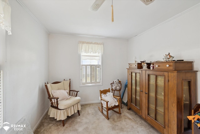 7309 N Genesee Rd, Genesee, MI 48437 - living area featuring baseboards, ornamental molding, and light carpet