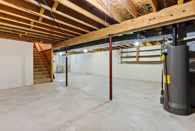unfinished below grade area with stairs and water heater