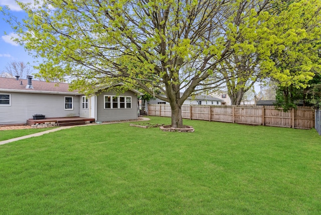 view of yard featuring a fenced backyard and a wooden deck