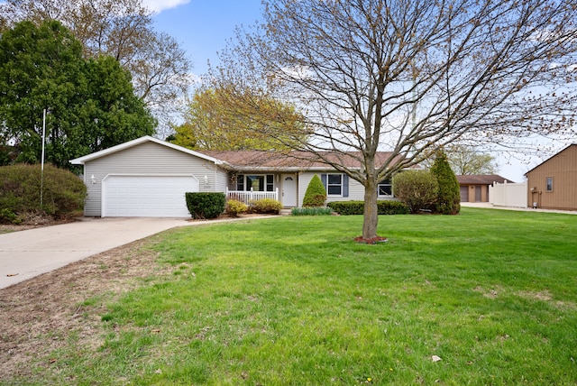 single story home with covered porch, a front yard, an attached garage, and driveway