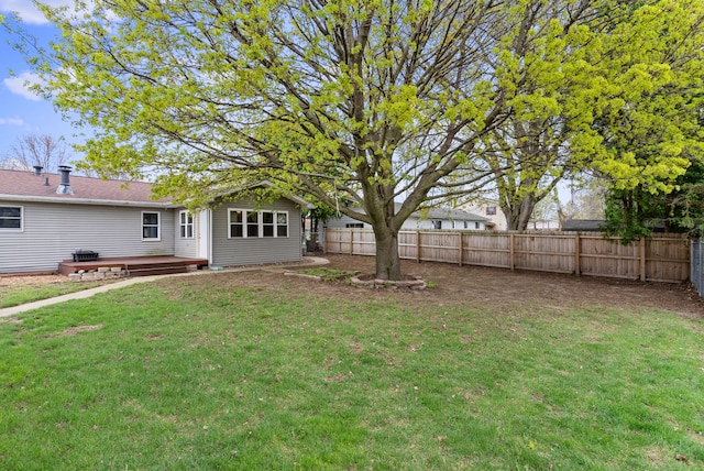 view of yard featuring a wooden deck and a fenced backyard
