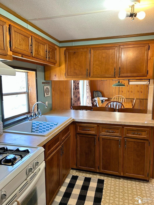 kitchen with light countertops, brown cabinetry, a sink, and light floors