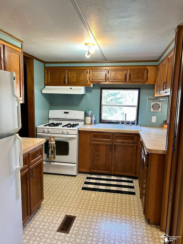 kitchen with visible vents, white appliances, light countertops, under cabinet range hood, and a sink