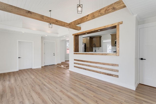 unfurnished living room with light wood-style floors, lofted ceiling with beams, baseboards, and recessed lighting