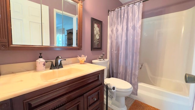 full bath with toilet, shower / tub combo with curtain, and vanity