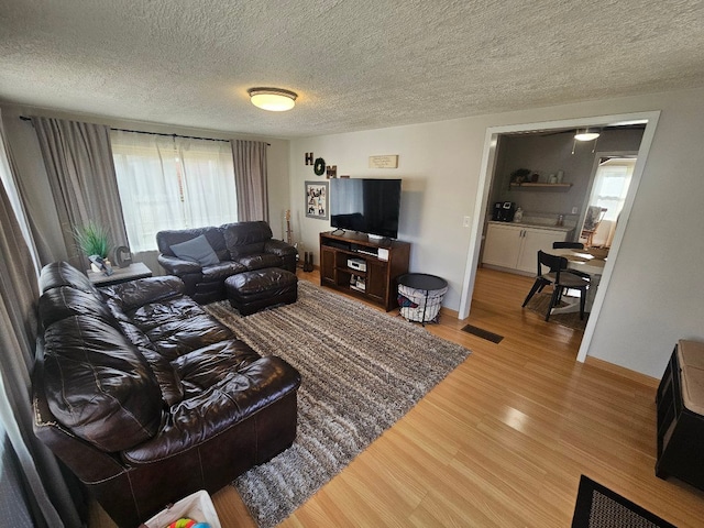living room featuring plenty of natural light, a textured ceiling, and light wood-style floors