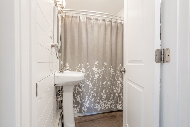 bathroom with a sink, baseboard heating, and wood finished floors