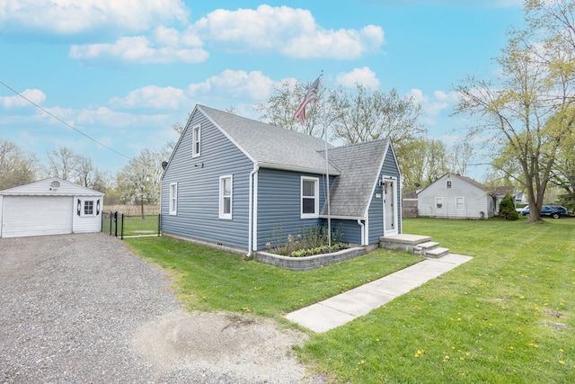 view of side of property with a lawn, a garage, fence, an outdoor structure, and a shingled roof