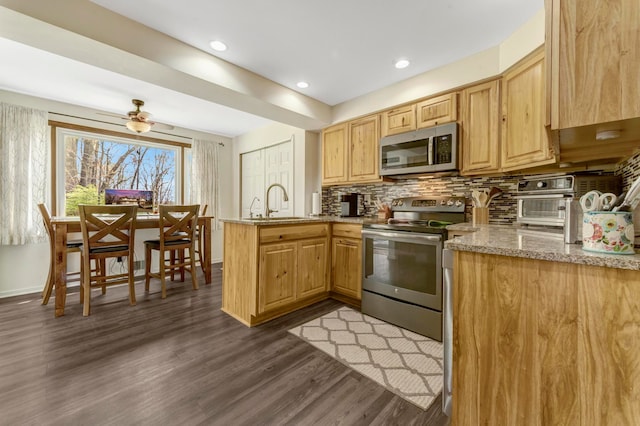 kitchen with a sink, stainless steel appliances, a peninsula, tasteful backsplash, and dark wood-style floors