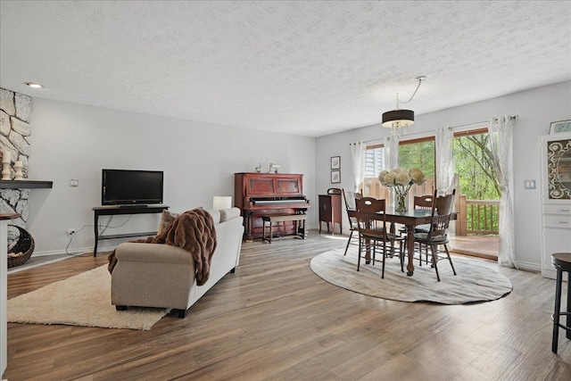 living area featuring baseboards, a textured ceiling, and wood finished floors