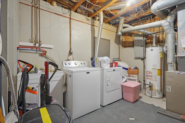 clothes washing area featuring laundry area, water heater, washer and dryer, and electric panel