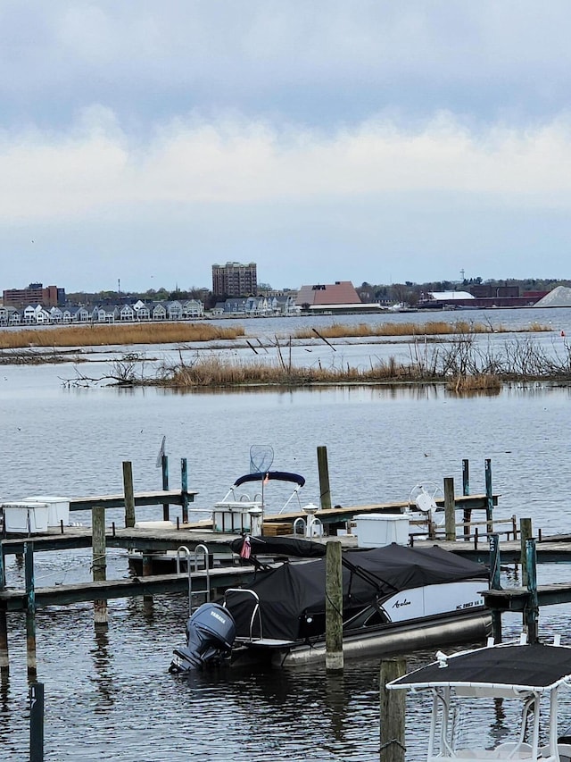 view of dock with a water view