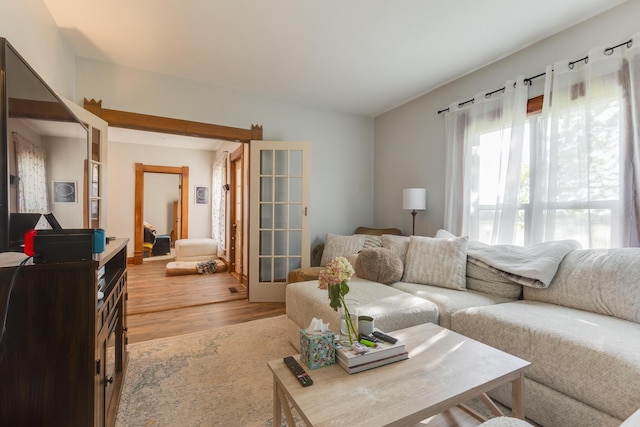 living room featuring vaulted ceiling, french doors, and light wood finished floors