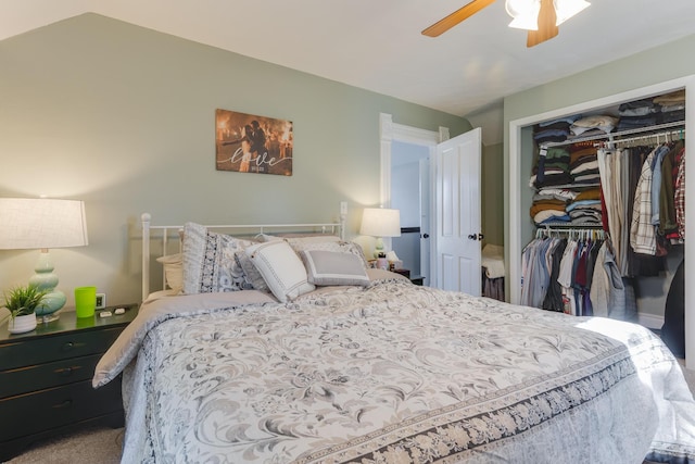 bedroom with carpet floors, a ceiling fan, and a closet