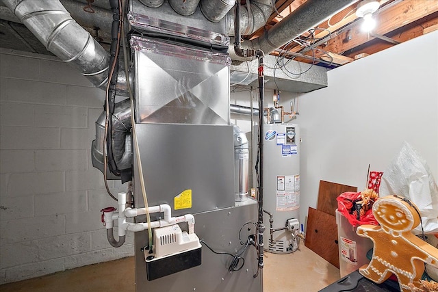 utility room featuring heating unit and water heater