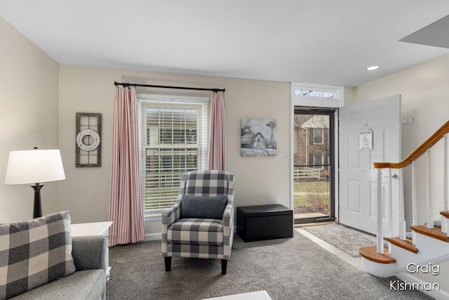 2464 Abbington Dr SE, Grand Rapids, MI 49506 - living area with stairway, carpet flooring, and recessed lighting